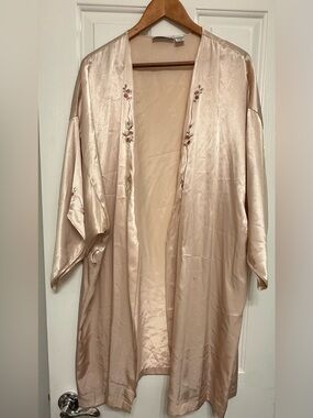 Vintage Val Mode Lingerie Pink Satin Embroidered Kimono Robe - Plus Size 2X
